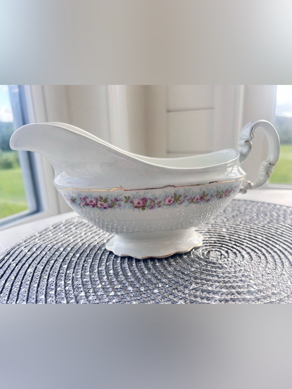 Johnson Brothers England Gravy Boat Pink Flowers Floral Blue Green Gold Trim